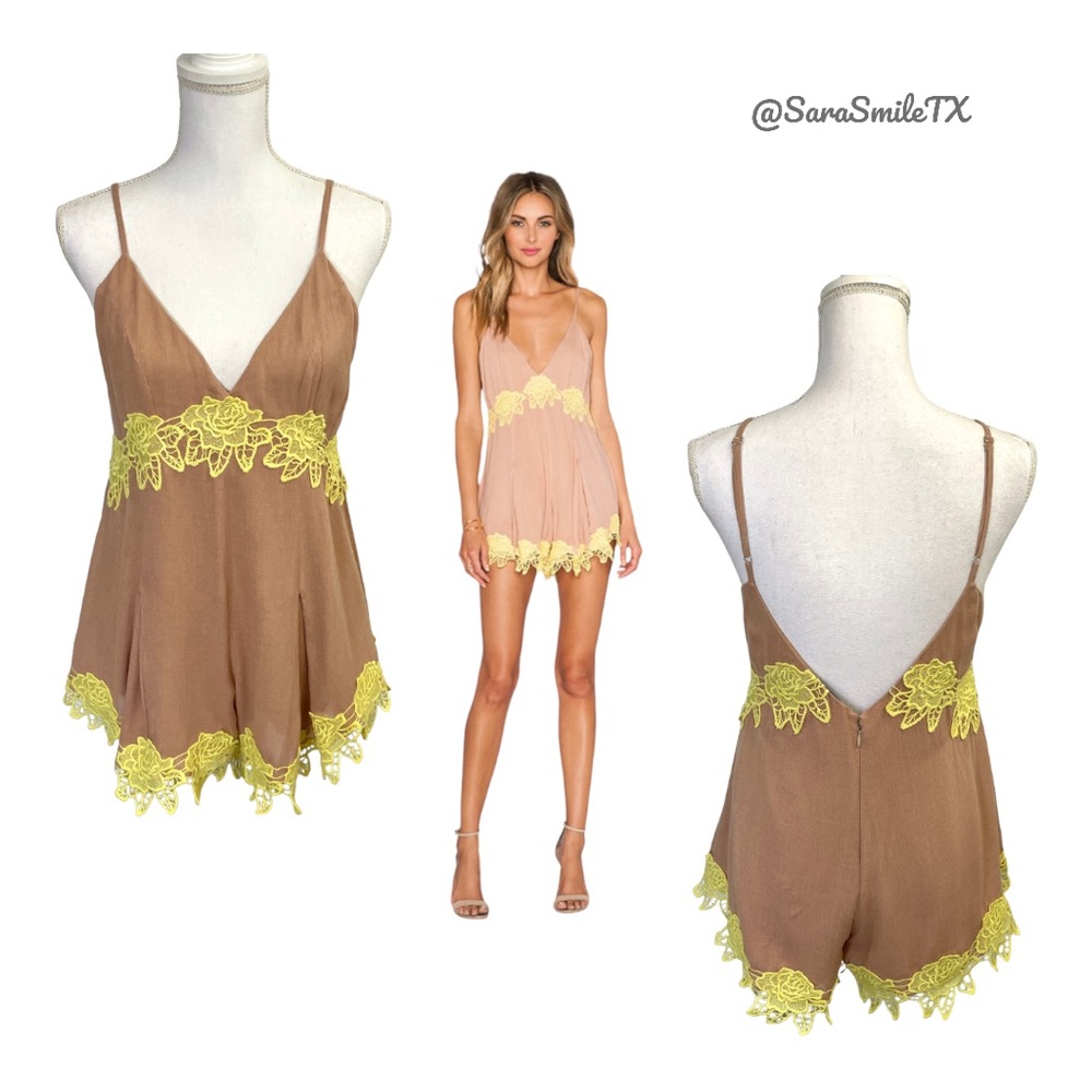 NBD -REVOLVE- Forever N Ever - Boho Nude Tan Yellow Lace Applique Shorts Romper